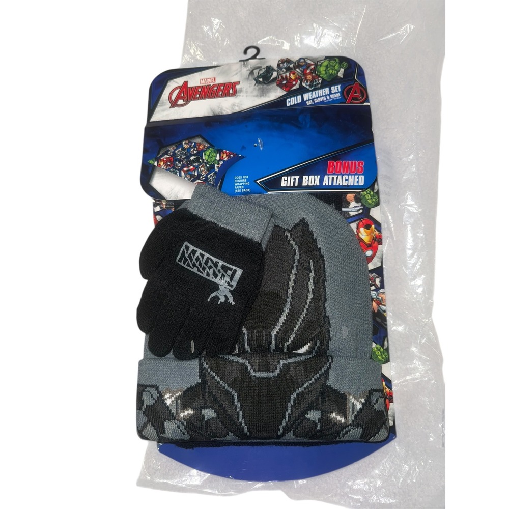 Marvel Avengers Black Panther Cold Weather Hat Gloves Scarf Set Kids One Sie